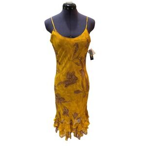 Chaudry Dress Size S Mustard Yellow Floral‎ Spaghetti Strap Ruffle Hem